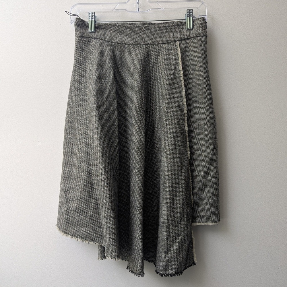 RABARBAR Skirt Grey Herringbone Asymmetric Raw Hem Sz 34 (US 2) Chic Minimalist